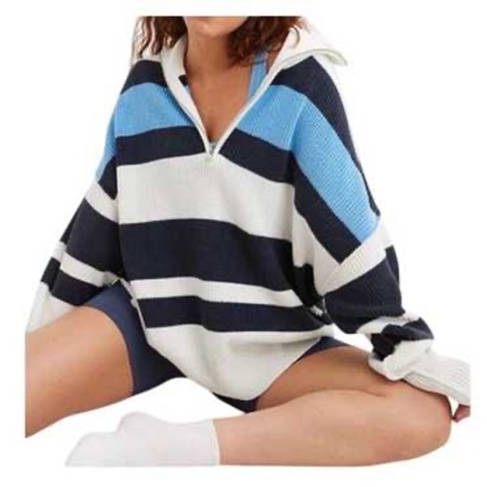 Aerie‎ Beyond Quarter Zip Pullover Sweater Blue White Striped Oversized XS
